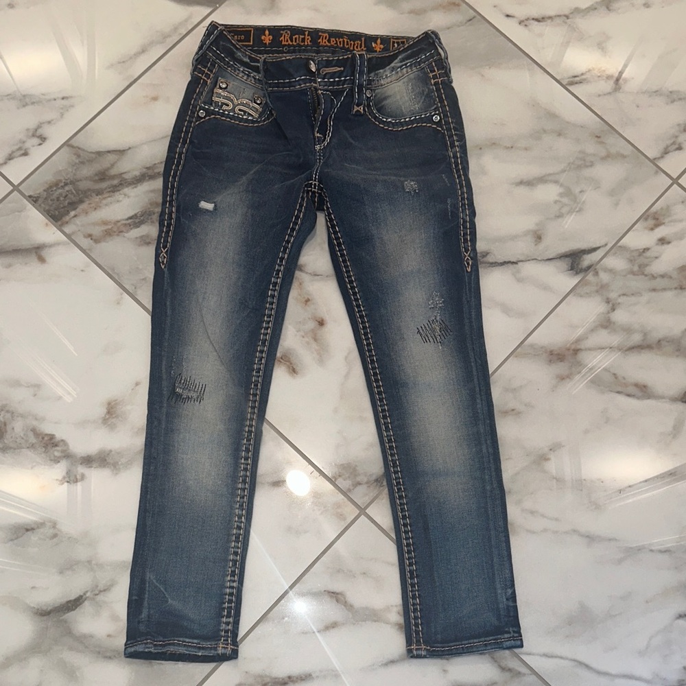 Rock Revival Women's Distressed Dark Blue Capri   Skinny Jeans. Worn once!
